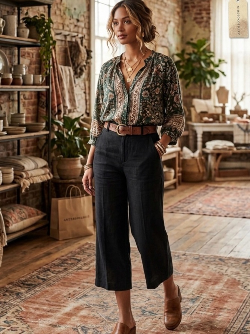 ModCloth Black Linen Wide-Leg Cropped Pants Trousers 2